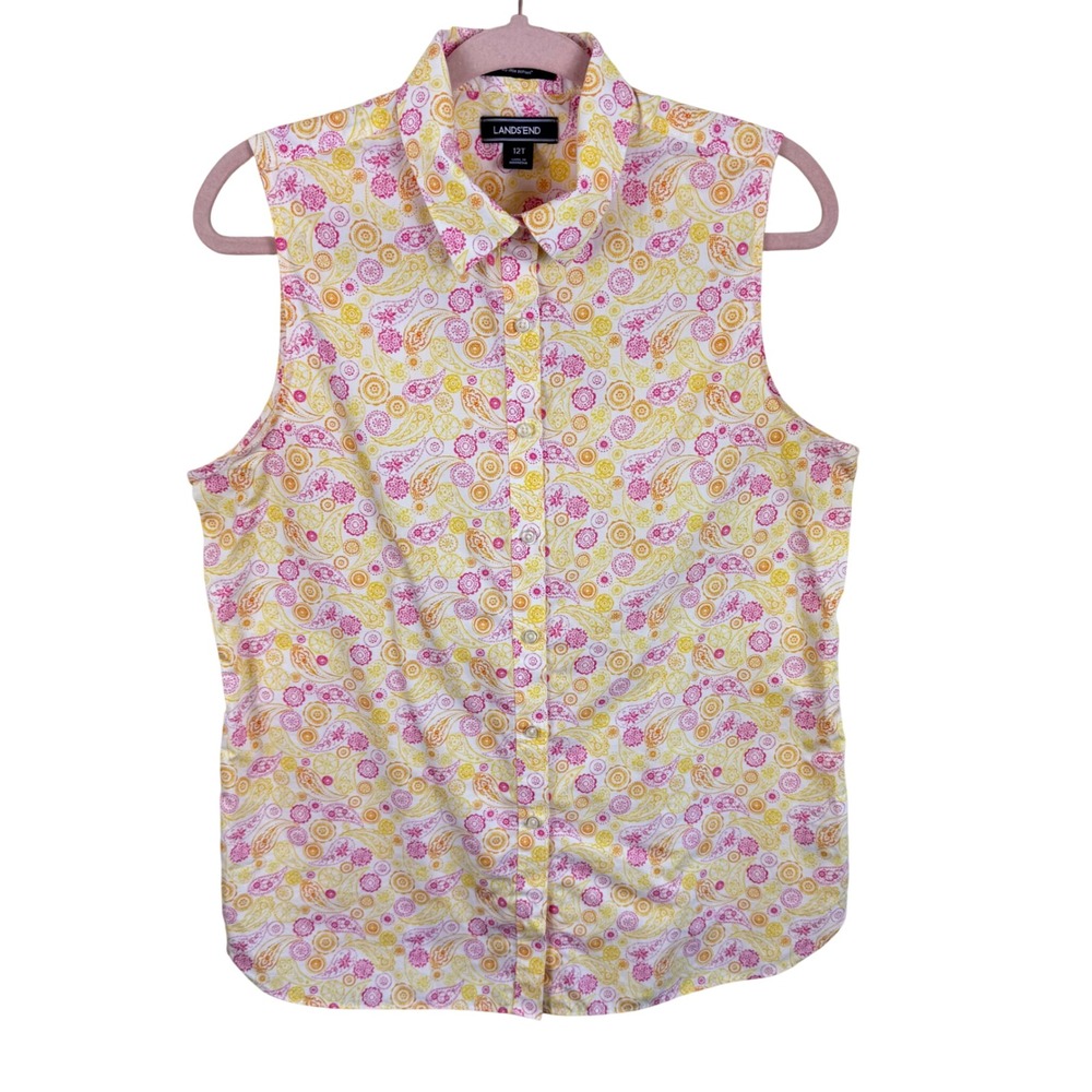 Lands End Pink Yellow Paisley No Iron Supima Cotton Sleeveless‎ Shirt 12 Tall